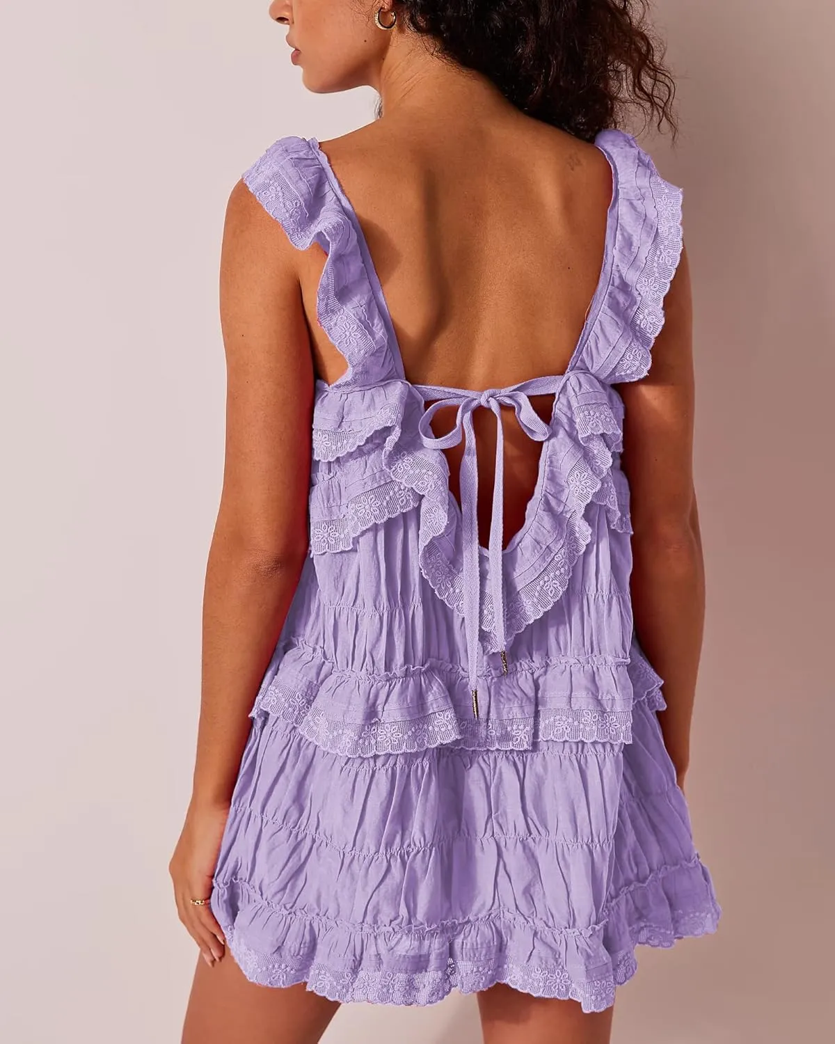 Gacaky Women's Summer Casual Sleeveless Rompers Ruffle Flowy Boho Sun Dress Loose Mini Dress with Built-in Shorts