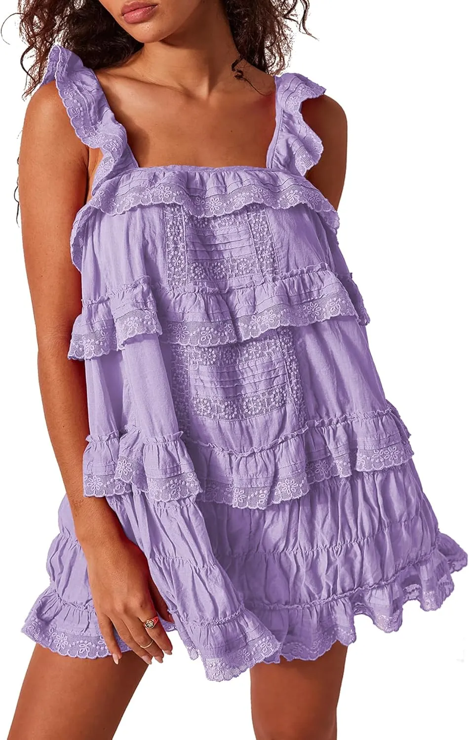Gacaky Women's Summer Casual Sleeveless Rompers Ruffle Flowy Boho Sun Dress Loose Mini Dress with Built-in Shorts