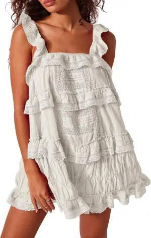 Gacaky Women's Summer Casual Sleeveless Rompers Ruffle Flowy Boho Sun Dress Loose Mini Dress with Built-in Shorts