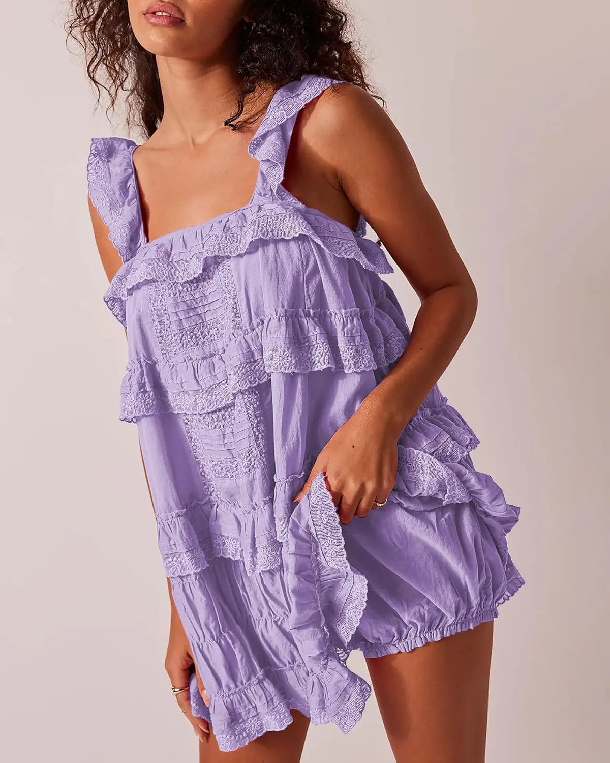 Gacaky Women's Summer Casual Sleeveless Rompers Ruffle Flowy Boho Sun Dress Loose Mini Dress with Built-in Shorts