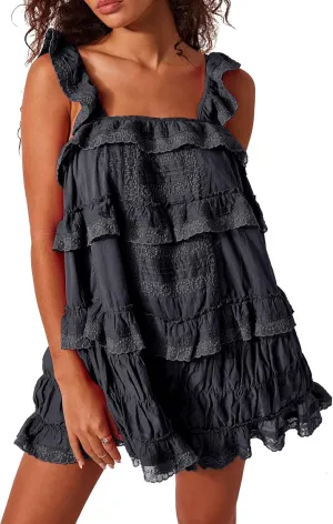 Gacaky Women's Summer Casual Sleeveless Rompers Ruffle Flowy Boho Sun Dress Loose Mini Dress with Built-in Shorts