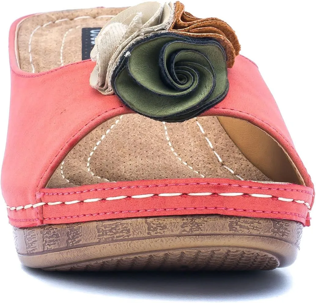GC Shoes Womens Wedge Sandals, Open Toe Mid Heel Platform, Comfy Vegan Leather Flower Strap Thong, Flora