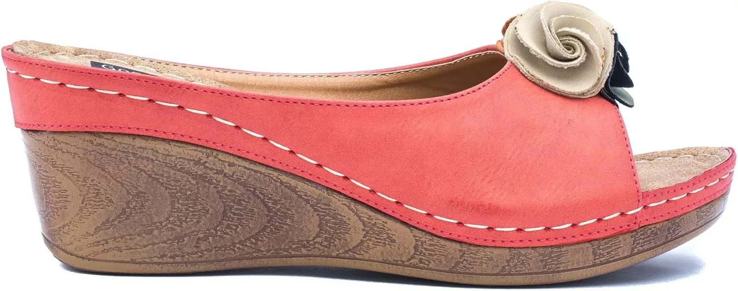 GC Shoes Womens Wedge Sandals, Open Toe Mid Heel Platform, Comfy Vegan Leather Flower Strap Thong, Flora