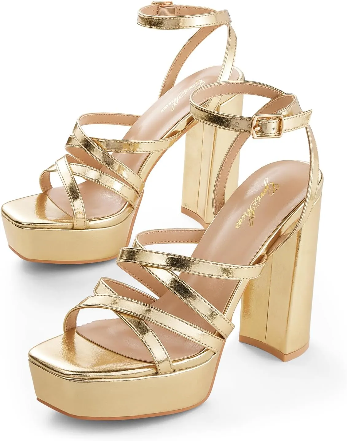 GENSHUO Women's Chunky Platform High Heels Block Heeled Sandals Open Square Toe Ankle Strap Dress Wedding Party Sandal Shoes