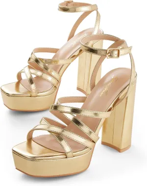 GENSHUO Women's Chunky Platform High Heels Block Heeled Sandals Open Square Toe Ankle Strap Dress Wedding Party Sandal Shoes