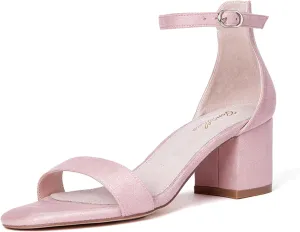 GENSHUO Women's Low Kitten Heel Sandals Strappy Open Square Toe Dress Heels Comfortable Sexy Cute Ankle Strap Wedding Party Prom Summer Heeled Shoes