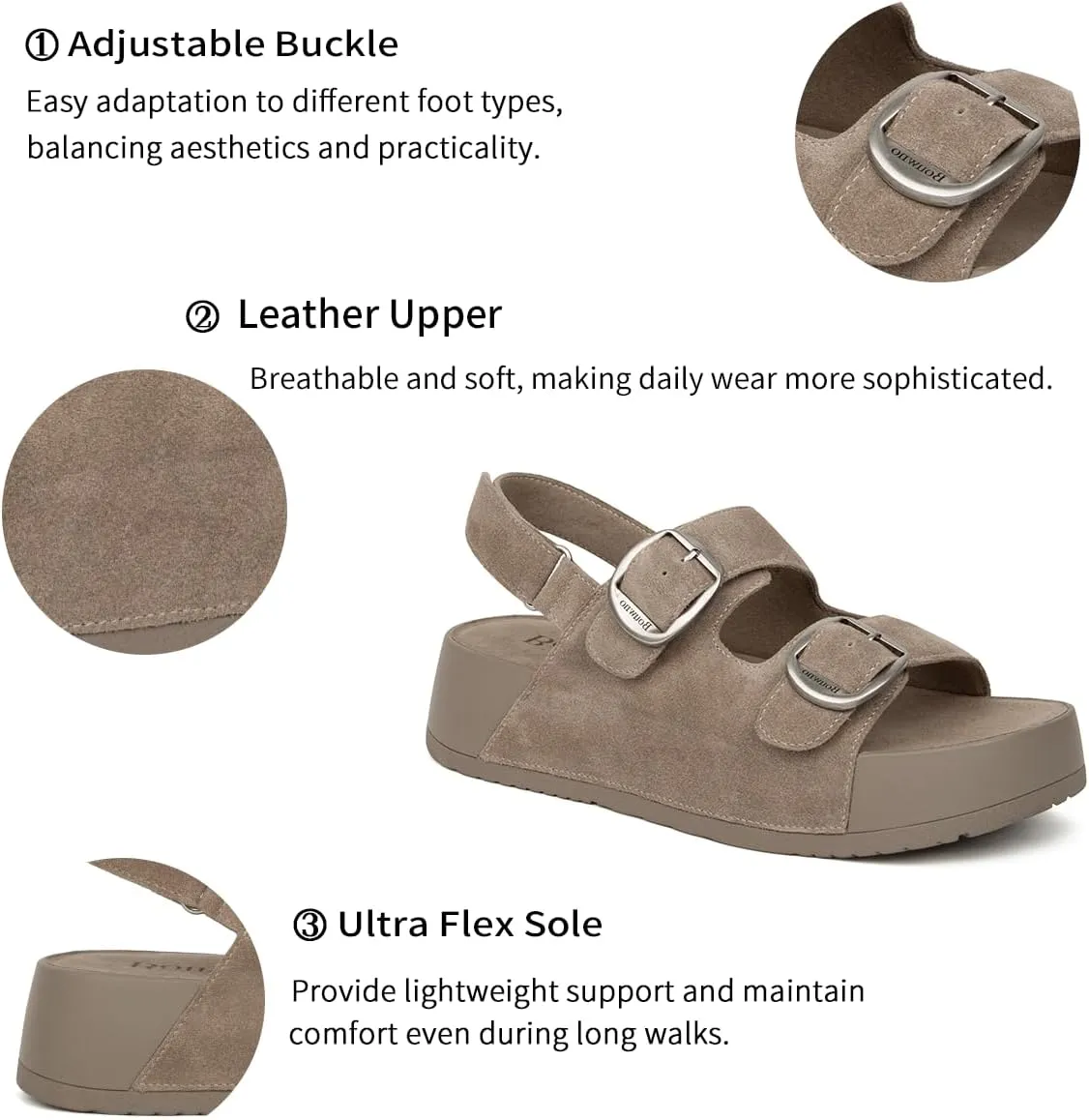 Genuine Leather Platform Sandals Women Slip-on Beach Sandals Slide Buckle Comfortable with Ankle Strap Soft Lining and Open Toe Low Wedges