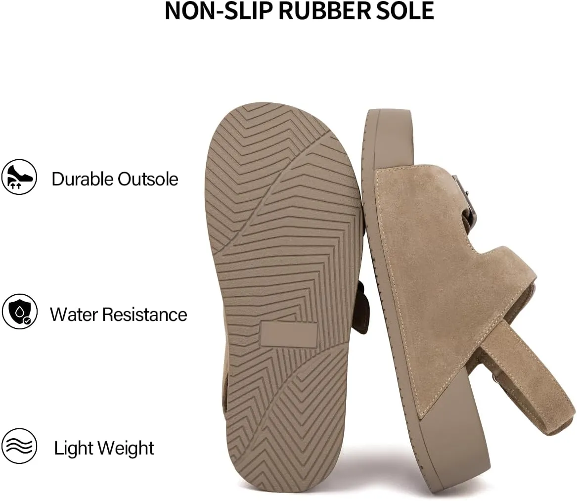 Genuine Leather Platform Sandals Women Slip-on Beach Sandals Slide Buckle Comfortable with Ankle Strap Soft Lining and Open Toe Low Wedges