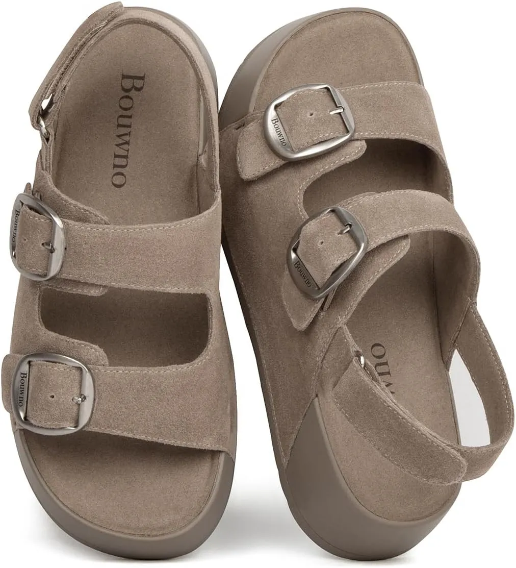Genuine Leather Platform Sandals Women Slip-on Beach Sandals Slide Buckle Comfortable with Ankle Strap Soft Lining and Open Toe Low Wedges