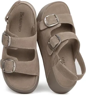 Genuine Leather Platform Sandals Women Slip-on Beach Sandals Slide Buckle Comfortable with Ankle Strap Soft Lining and Open Toe Low Wedges