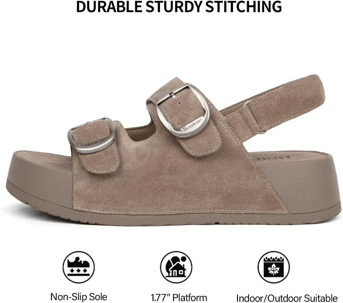 Genuine Leather Platform Sandals Women Slip-on Beach Sandals Slide Buckle Comfortable with Ankle Strap Soft Lining and Open Toe Low Wedges