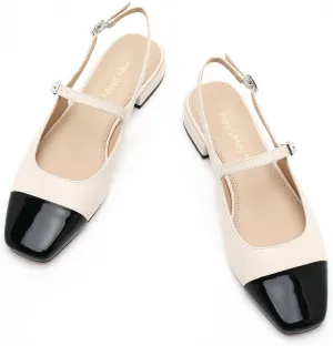 Genuine Leather Slingback Flats for Women Square Toe Elegant Women's Flats with Buckle Strap Dress Shoes for Casual Work Office Party
