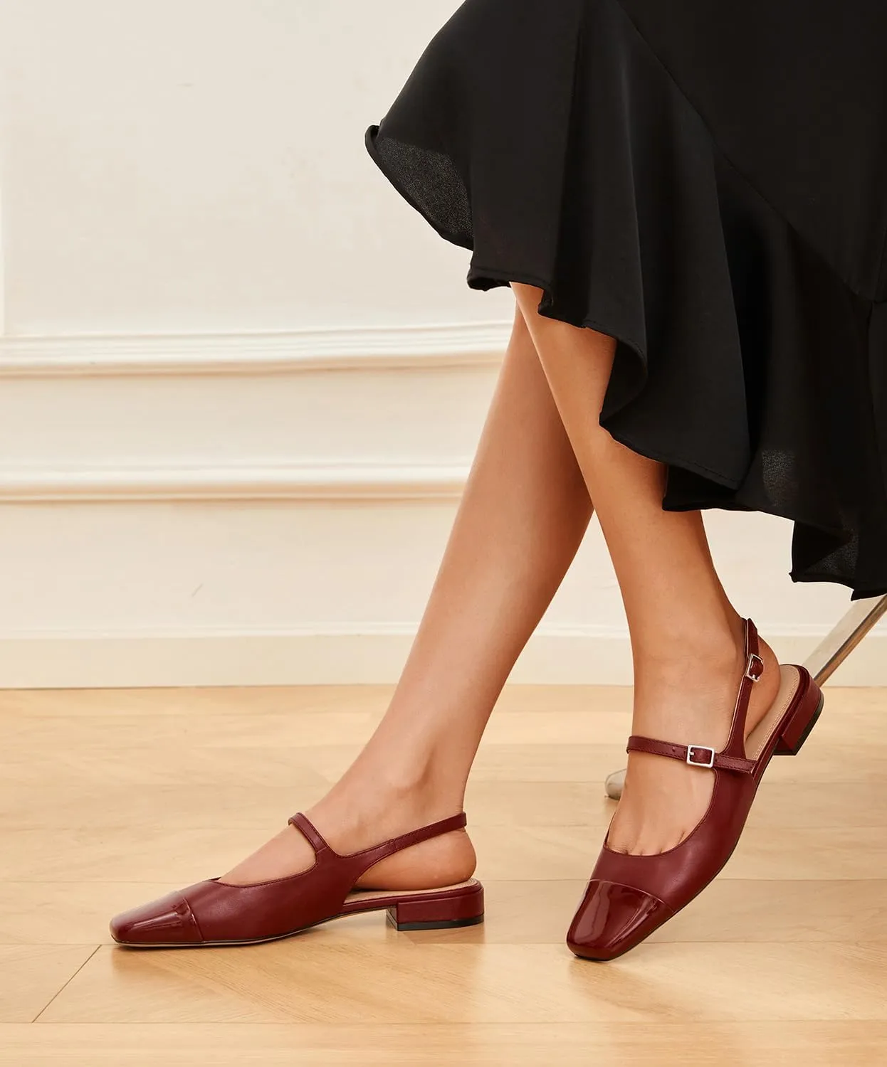Genuine Leather Slingback Flats for Women Square Toe Elegant Women's Flats with Buckle Strap Dress Shoes for Casual Work Office Party