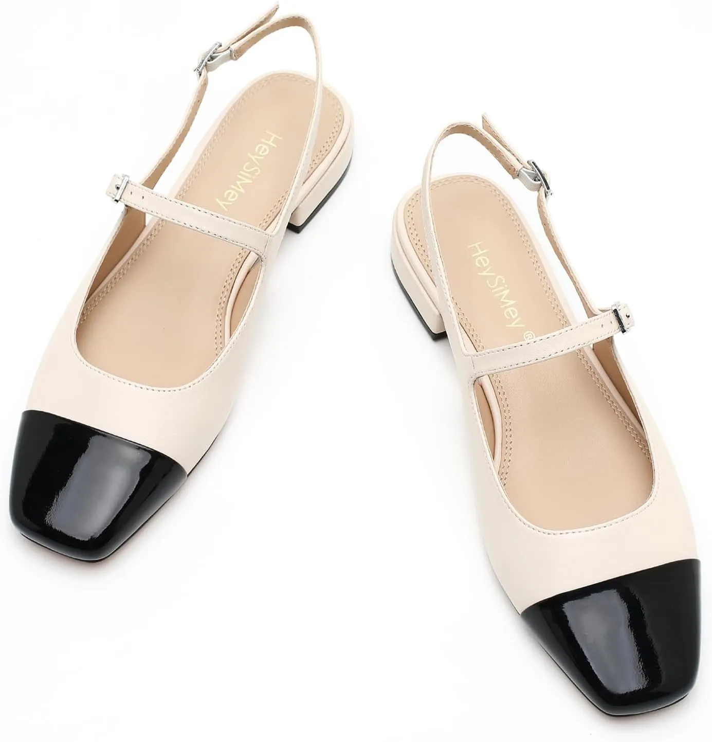 Genuine Leather Slingback Flats for Women Square Toe Elegant Women's Flats with Buckle Strap Dress Shoes for Casual Work Office Party