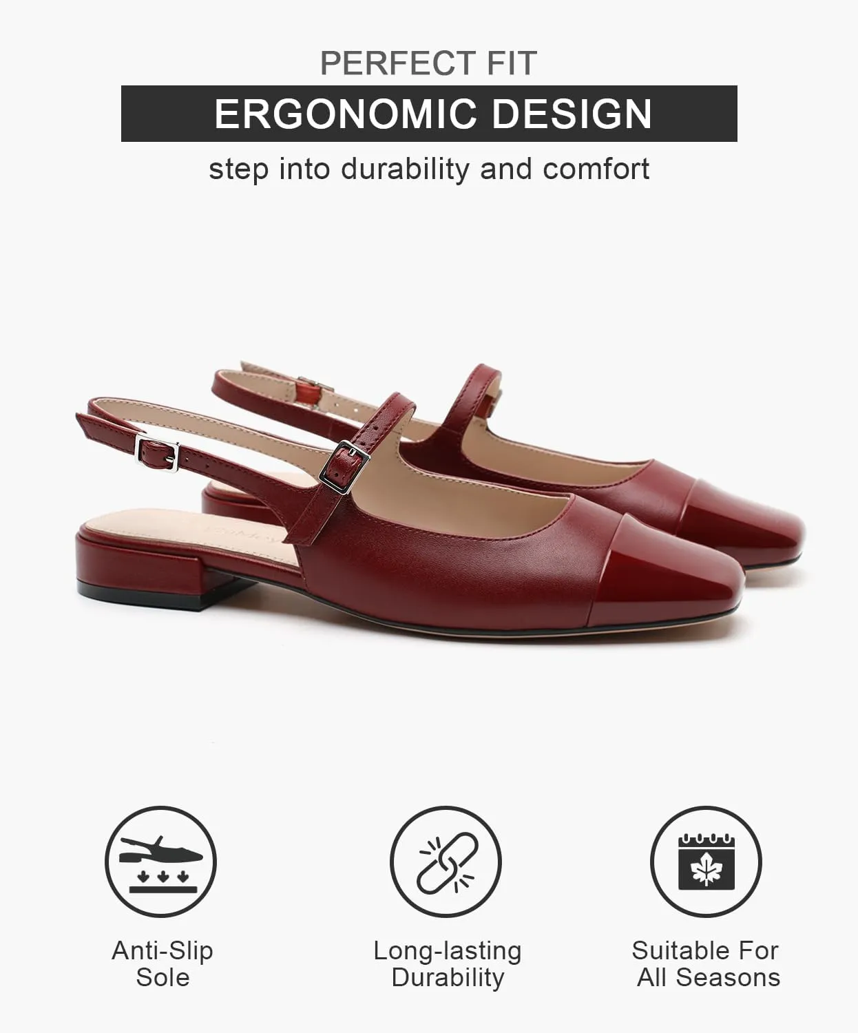 Genuine Leather Slingback Flats for Women Square Toe Elegant Women's Flats with Buckle Strap Dress Shoes for Casual Work Office Party
