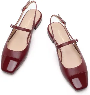 Genuine Leather Slingback Flats for Women Square Toe Elegant Women's Flats with Buckle Strap Dress Shoes for Casual Work Office Party
