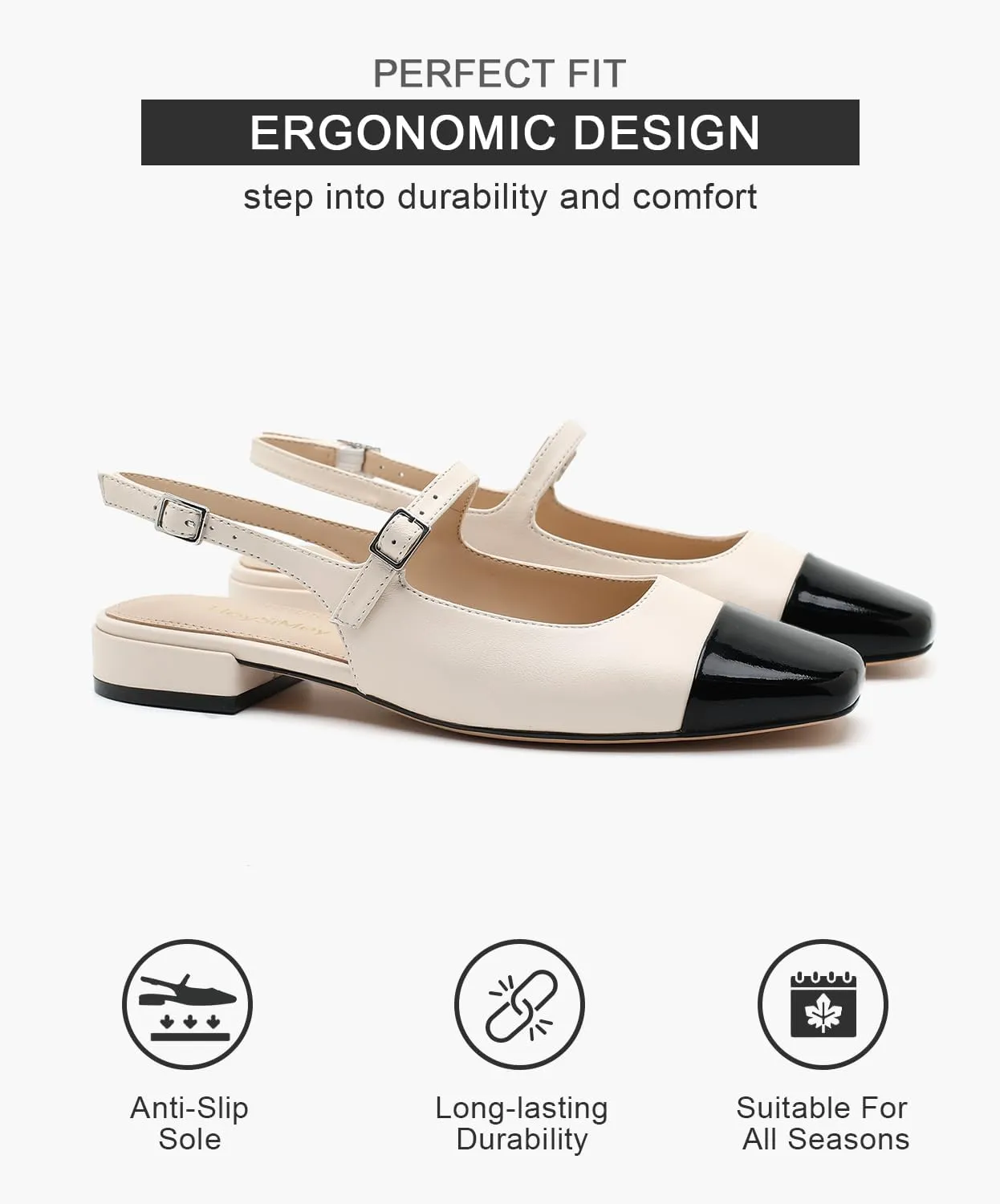 Genuine Leather Slingback Flats for Women Square Toe Elegant Women's Flats with Buckle Strap Dress Shoes for Casual Work Office Party