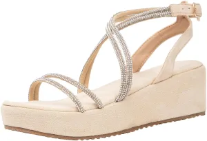 getmorebeauty Women's Rhinestone Cross Strappy Wedge Sandals Open Toe Platform Low Heel Dress Shoes