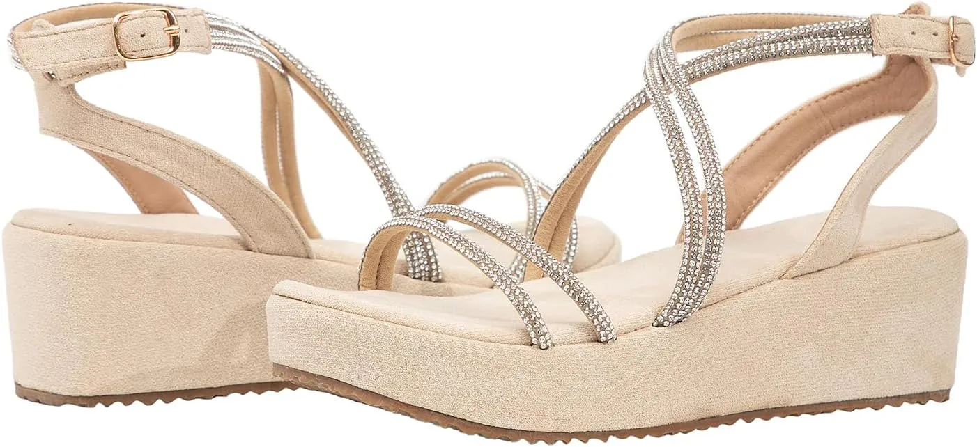 getmorebeauty Women's Rhinestone Cross Strappy Wedge Sandals Open Toe Platform Low Heel Dress Shoes