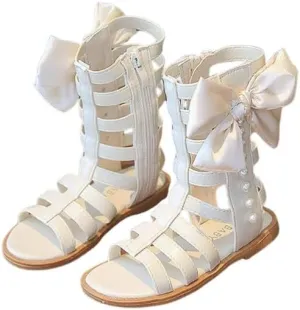 Girls Gladiator Sandals Black & White | Bowknot & Pearl, Side Zipper, Open Toe Shoe