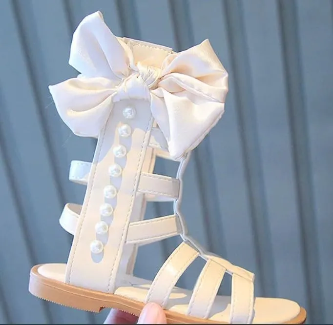 Girls Gladiator Sandals Black & White | Bowknot & Pearl, Side Zipper, Open Toe Shoe