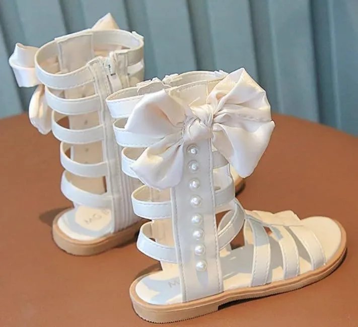 Girls Gladiator Sandals Black & White | Bowknot & Pearl, Side Zipper, Open Toe Shoe