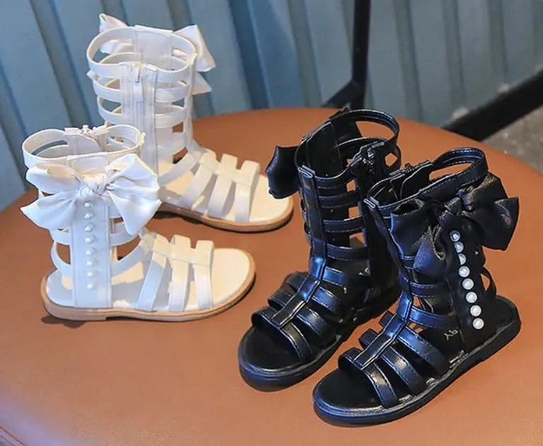 Girls Gladiator Sandals Black & White | Bowknot & Pearl, Side Zipper, Open Toe Shoe