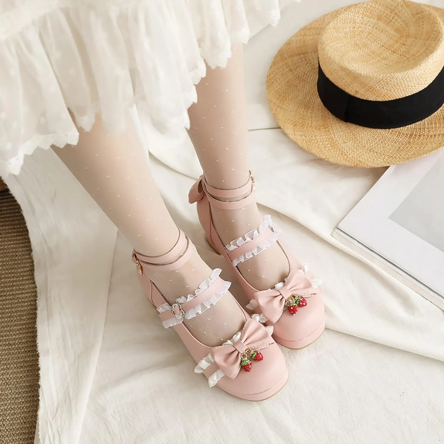 Girls Kawaii Dress Shoes Bow Pearl Chunky Heel Platform Pumps Kids Cute Lace Ankle Strap Little Girls Slippers