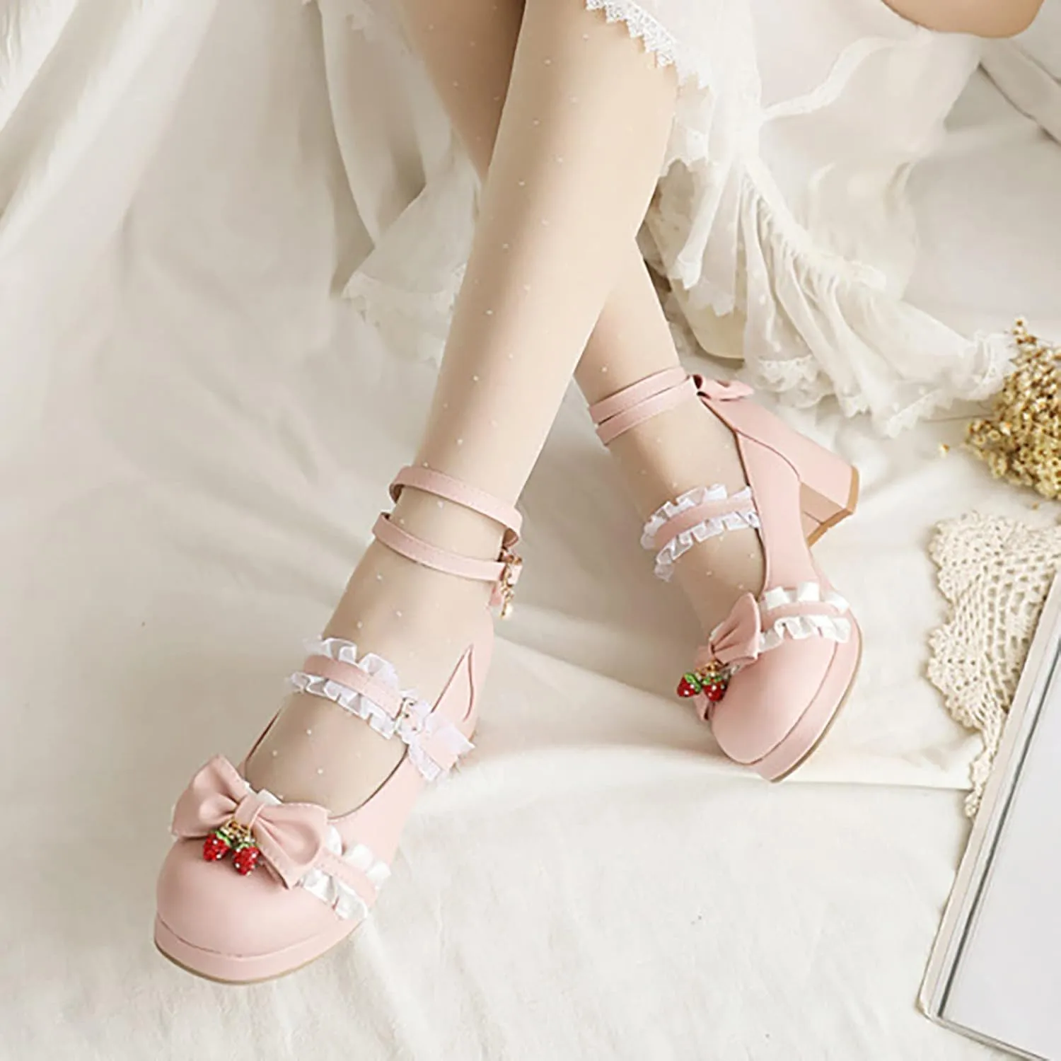Girls Kawaii Dress Shoes Bow Pearl Chunky Heel Platform Pumps Kids Cute Lace Ankle Strap Little Girls Slippers