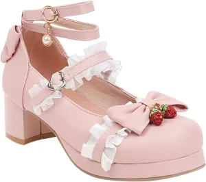 Girls Kawaii Dress Shoes Bow Pearl Chunky Heel Platform Pumps Kids Cute Lace Ankle Strap Little Girls Slippers