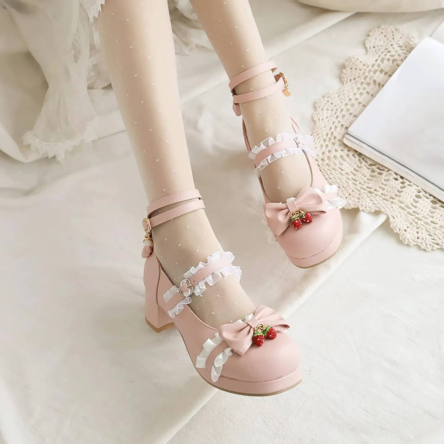 Girls Kawaii Dress Shoes Bow Pearl Chunky Heel Platform Pumps Kids Cute Lace Ankle Strap Little Girls Slippers