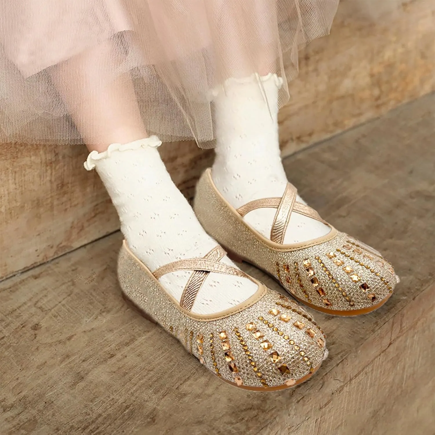 Girls Mary Jane Dress Shoes Rhinestone Dress Shoes Slip On Girl Ballet Flats for Wedding Party, Christmas（Little Kid/Big Kid）