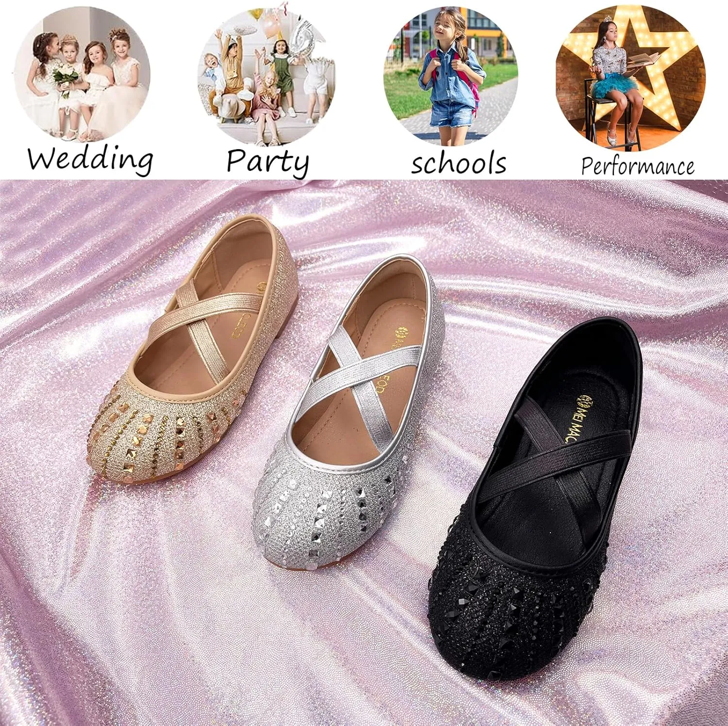 Girls Mary Jane Dress Shoes Rhinestone Dress Shoes Slip On Girl Ballet Flats for Wedding Party, Christmas（Little Kid/Big Kid）