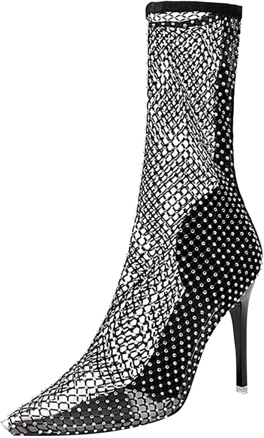 Glitter Mesh Hollow Ankle Boots for Women Bling Rhinestones Colour Stiletto Heel Ankle Sock Boot Hollow Transparent Pointed Toe Sexy Fashion Summer Comfortable Sandals