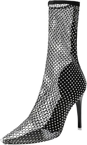 Glitter Mesh Hollow Ankle Boots for Women Bling Rhinestones Colour Stiletto Heel Ankle Sock Boot Hollow Transparent Pointed Toe Sexy Fashion Summer Comfortable Sandals
