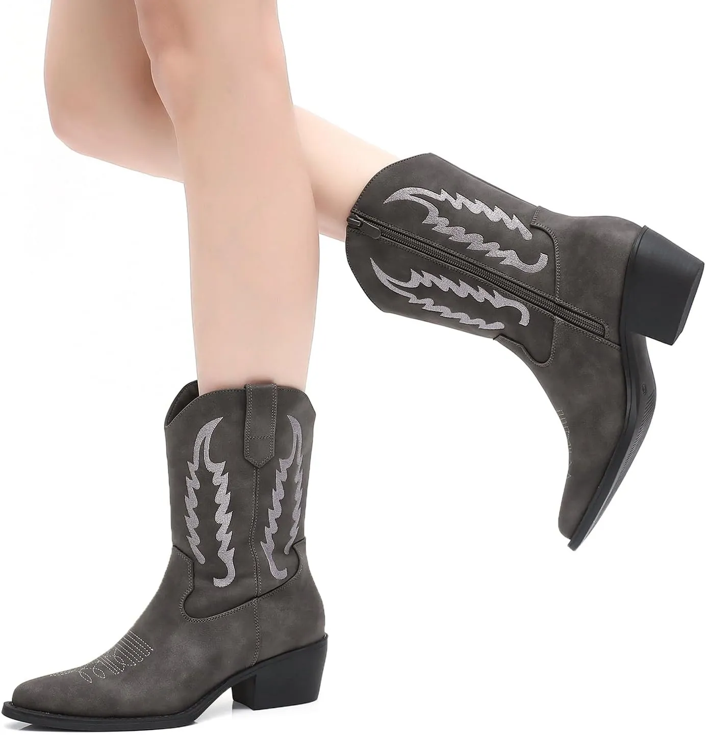 GLOBALWIN Women's Cowgirl Boots Mid Calf Western Cowboy Boots For Women Comfortable Low Heel With Zipper