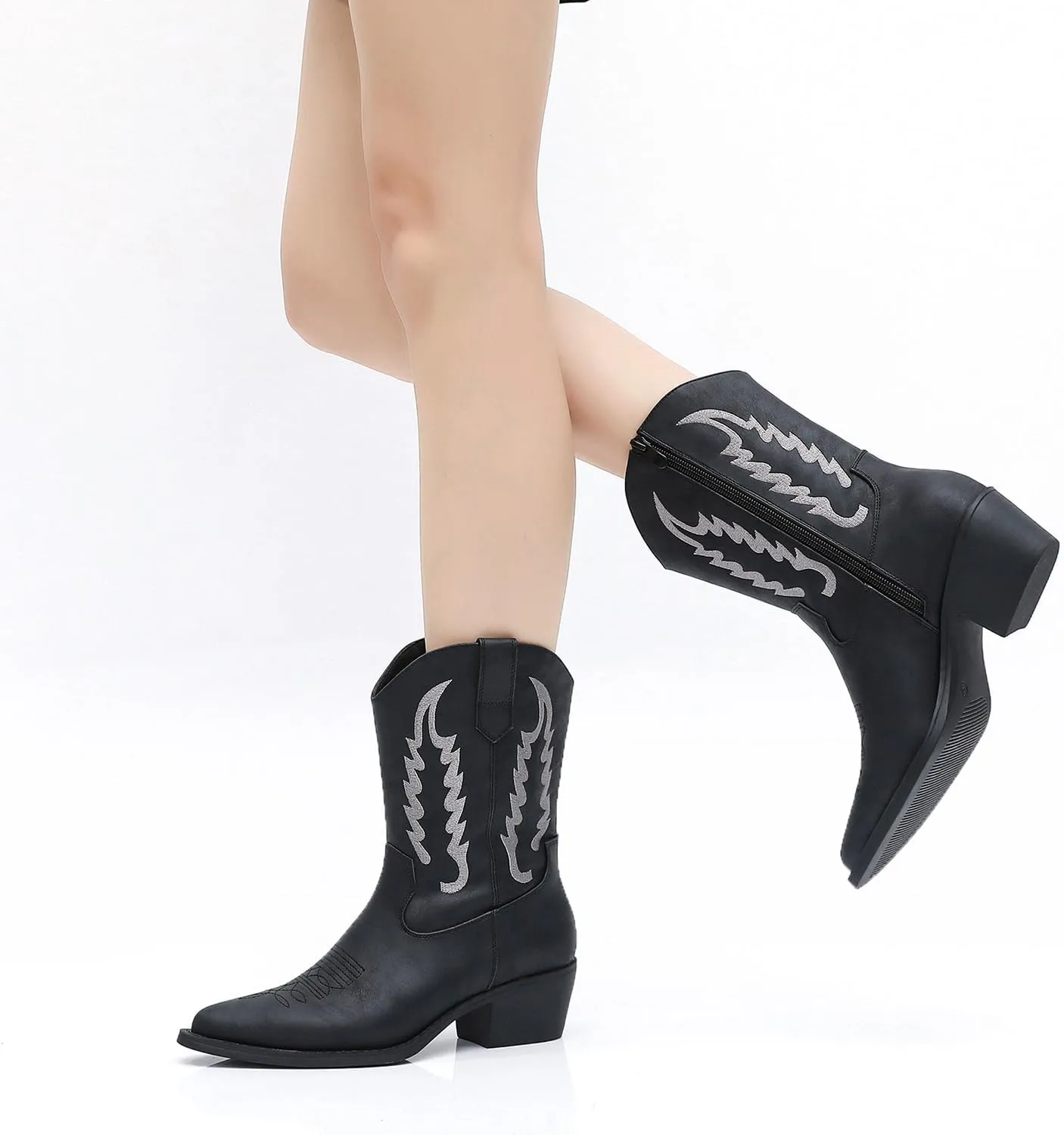 GLOBALWIN Women's Cowgirl Boots Mid Calf Western Cowboy Boots For Women Comfortable Low Heel With Zipper