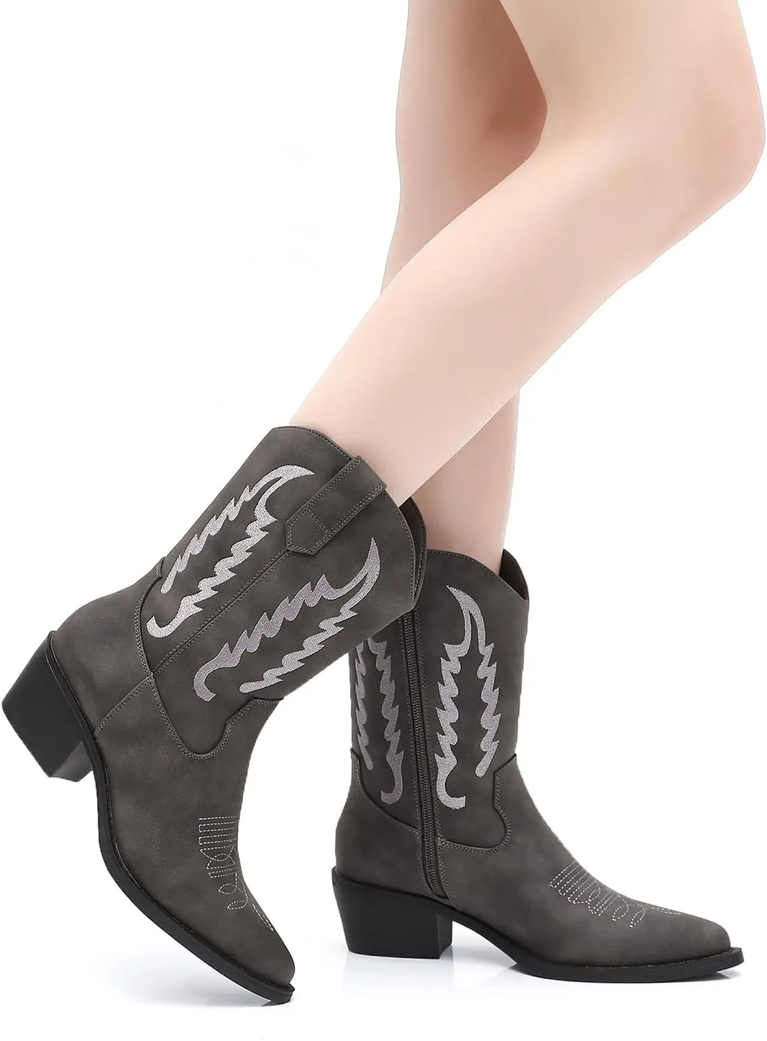 GLOBALWIN Women's Cowgirl Boots Mid Calf Western Cowboy Boots For Women Comfortable Low Heel With Zipper