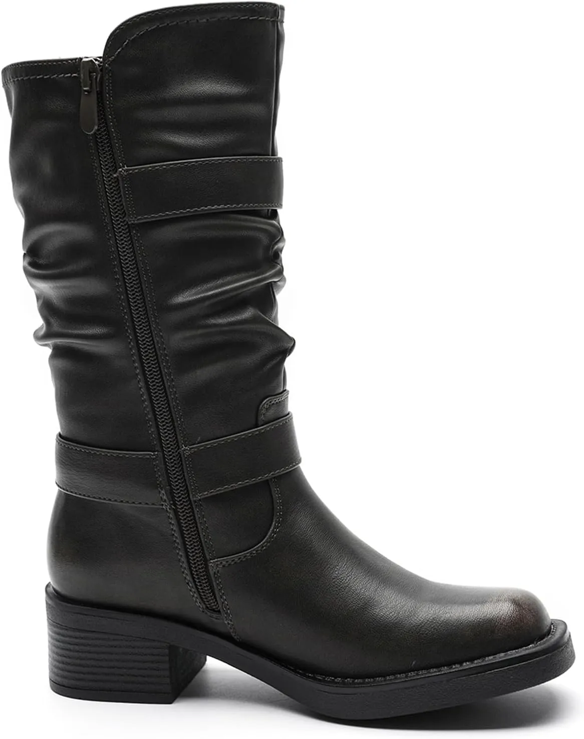 GLOBALWIN Women's Motorcycle Boots Fall Fashion Mid Calf Boots For Women Square Toe Low Heel Size 10M
