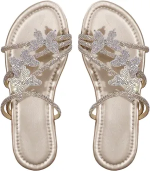 GORGLITTER Women's Butterfly Sandals Dressy Cute Strappy Glitter Rhinestone Open Toe Slides Wedding Bridal Flats Sandal
