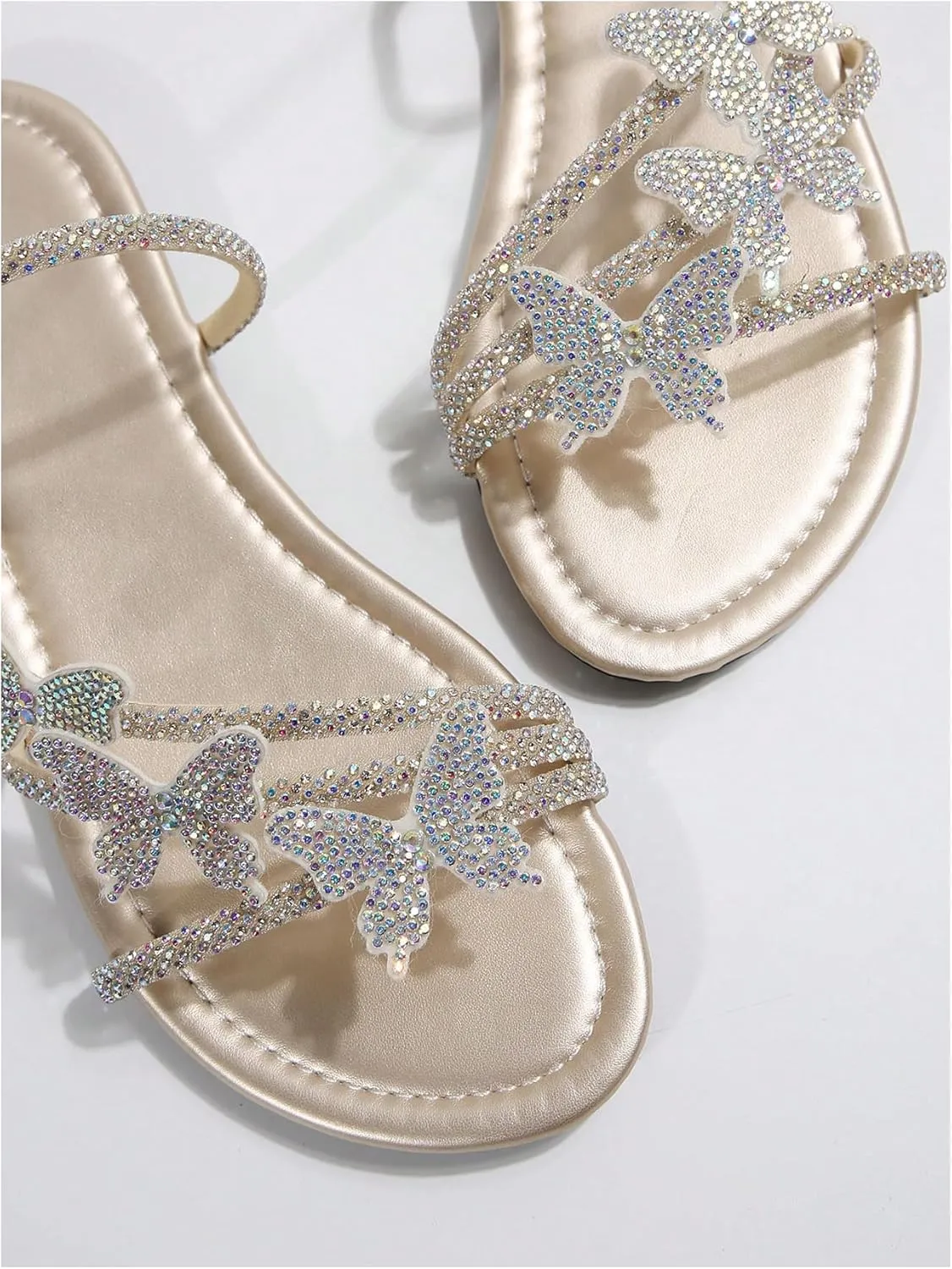 GORGLITTER Women's Butterfly Sandals Dressy Cute Strappy Glitter Rhinestone Open Toe Slides Wedding Bridal Flats Sandal