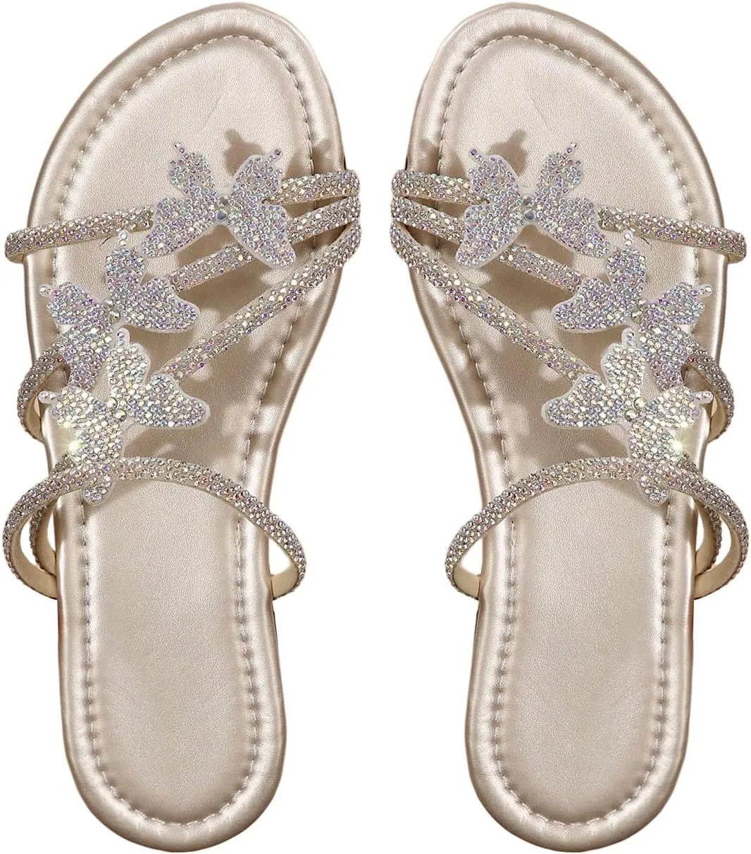 GORGLITTER Women's Butterfly Sandals Dressy Cute Strappy Glitter Rhinestone Open Toe Slides Wedding Bridal Flats Sandal