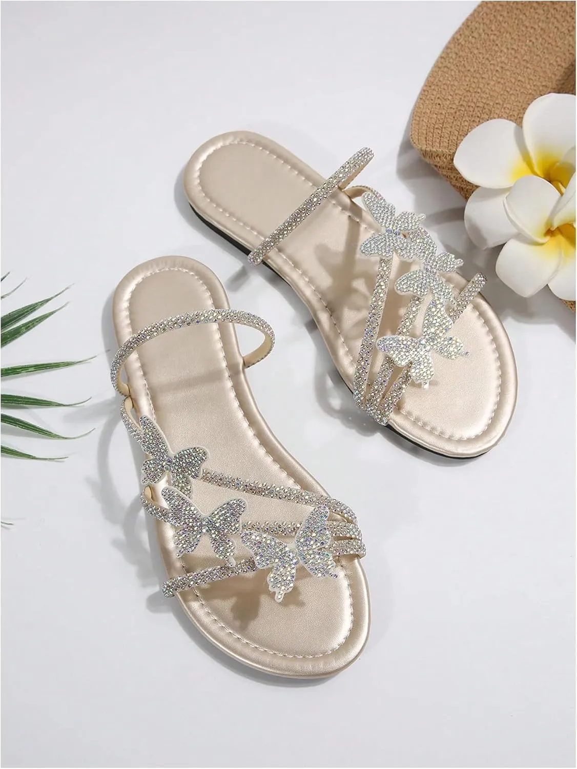 GORGLITTER Women's Butterfly Sandals Dressy Cute Strappy Glitter Rhinestone Open Toe Slides Wedding Bridal Flats Sandal