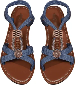 GORGLITTER Women's Denim Jeans Sandals Boho Roman Strappy Slides Elastic Ankle Strap Sandal Beach Vacation Summer Flats