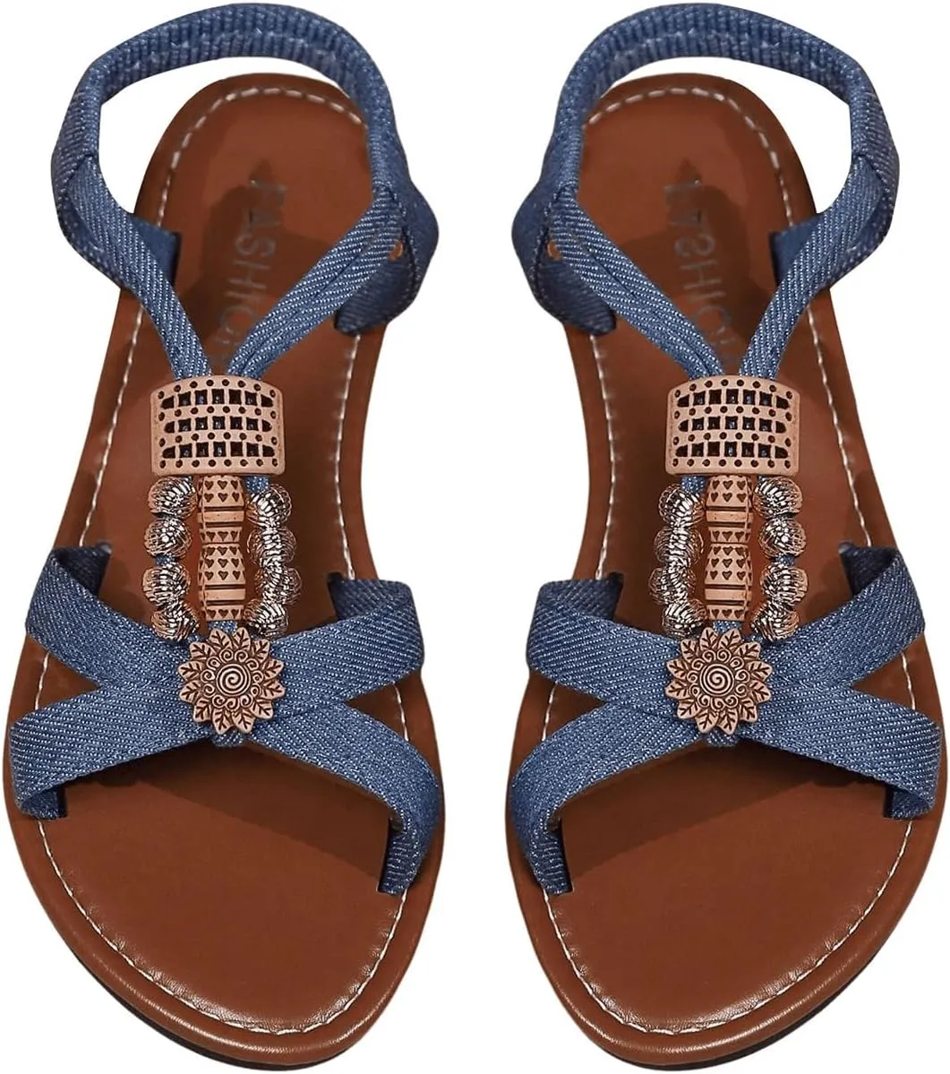 GORGLITTER Women's Denim Jeans Sandals Boho Roman Strappy Slides Elastic Ankle Strap Sandal Beach Vacation Summer Flats