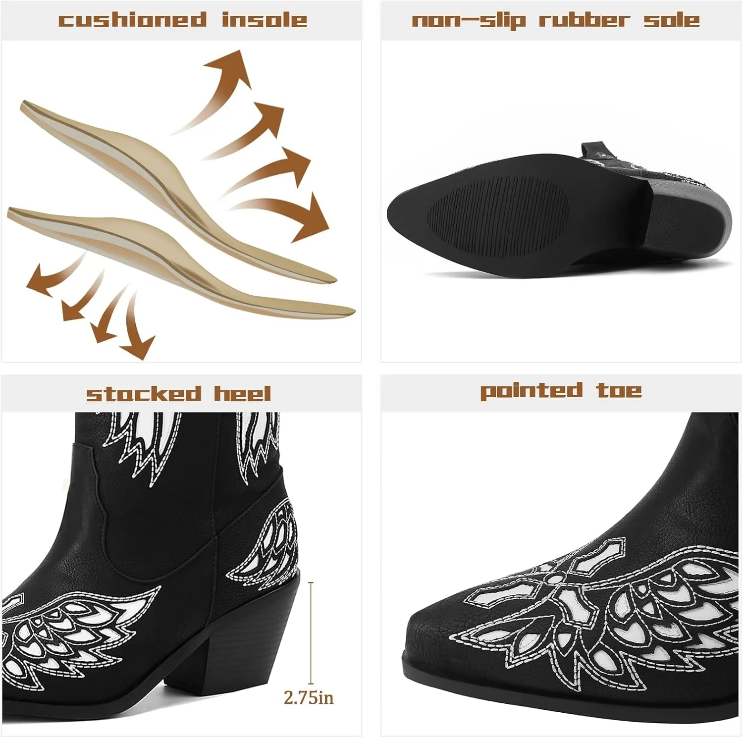 GOSERCE Black Cowboy Boots for Women Mid Calf Cowgirl Boots with White Wings Pattern Pointed Toe Chunky Heel Pull Up Tabs