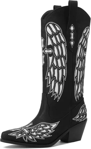 GOSERCE Black Cowboy Boots for Women Mid Calf Cowgirl Boots with White Wings Pattern Pointed Toe Chunky Heel Pull Up Tabs