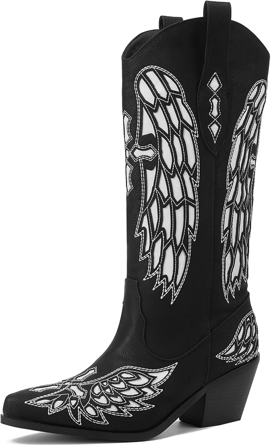 GOSERCE Black Cowboy Boots for Women Mid Calf Cowgirl Boots with White Wings Pattern Pointed Toe Chunky Heel Pull Up Tabs
