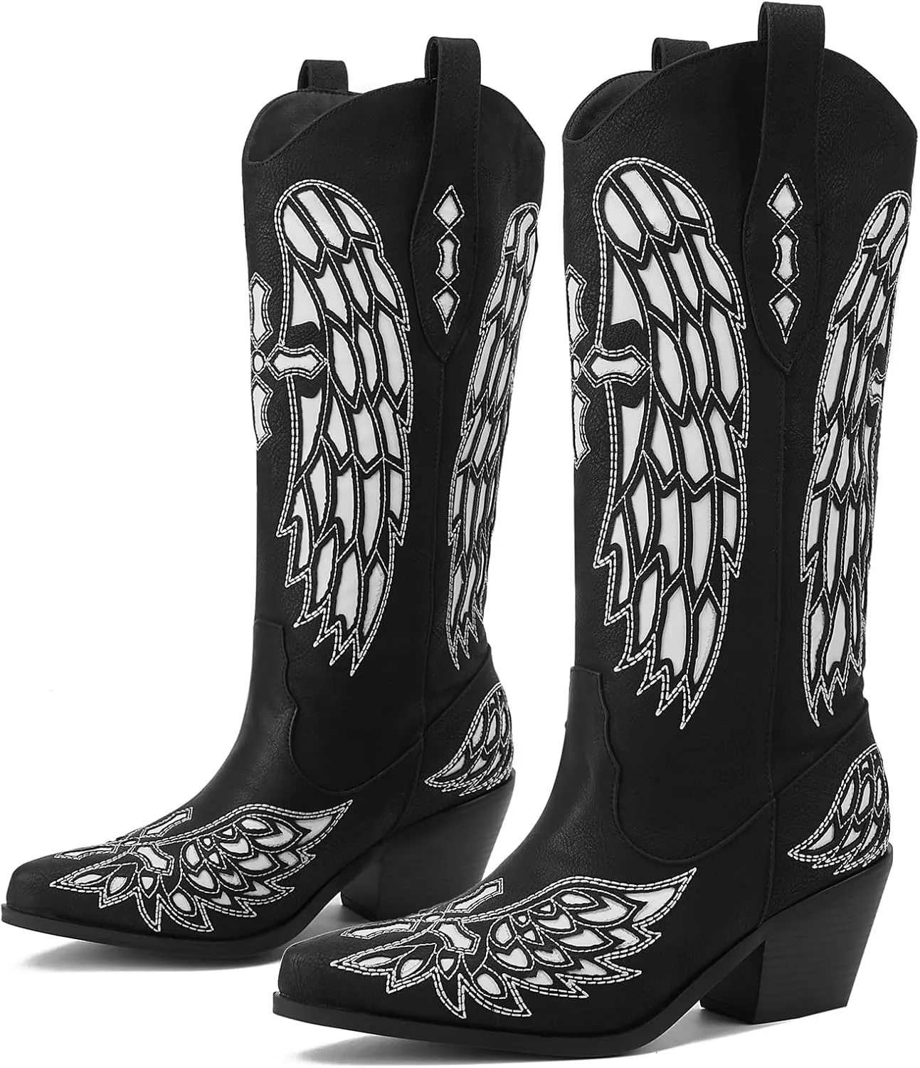GOSERCE Black Cowboy Boots for Women Mid Calf Cowgirl Boots with White Wings Pattern Pointed Toe Chunky Heel Pull Up Tabs
