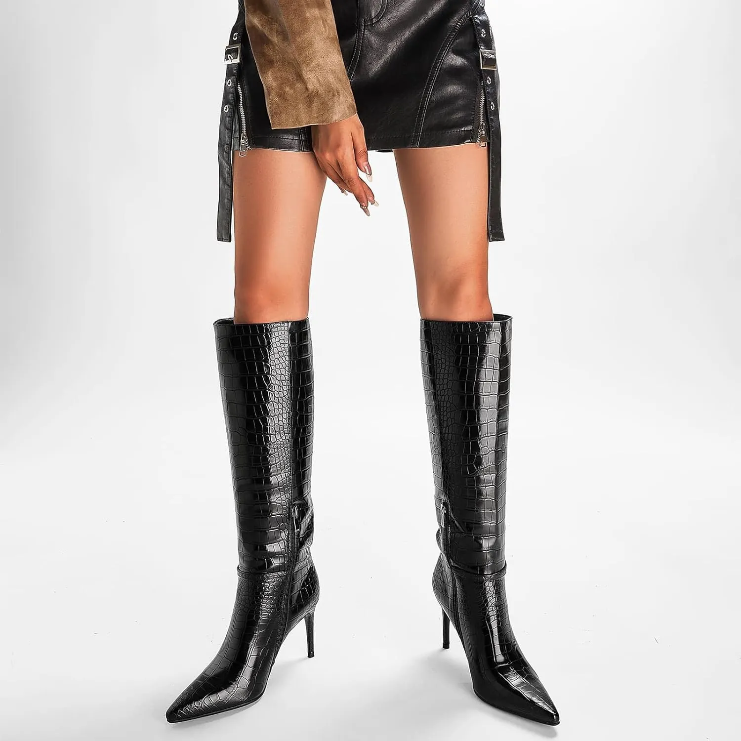 GOSERCE Women's Black Knee High Boots Tall Boots Pointed Toe Stiletto 3.54 inch High Heel Long Boots for Women Faux Crocodile Boots